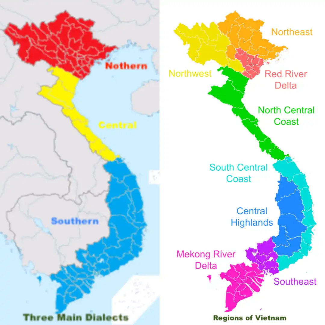 Vietnam country map showing North, South and Central