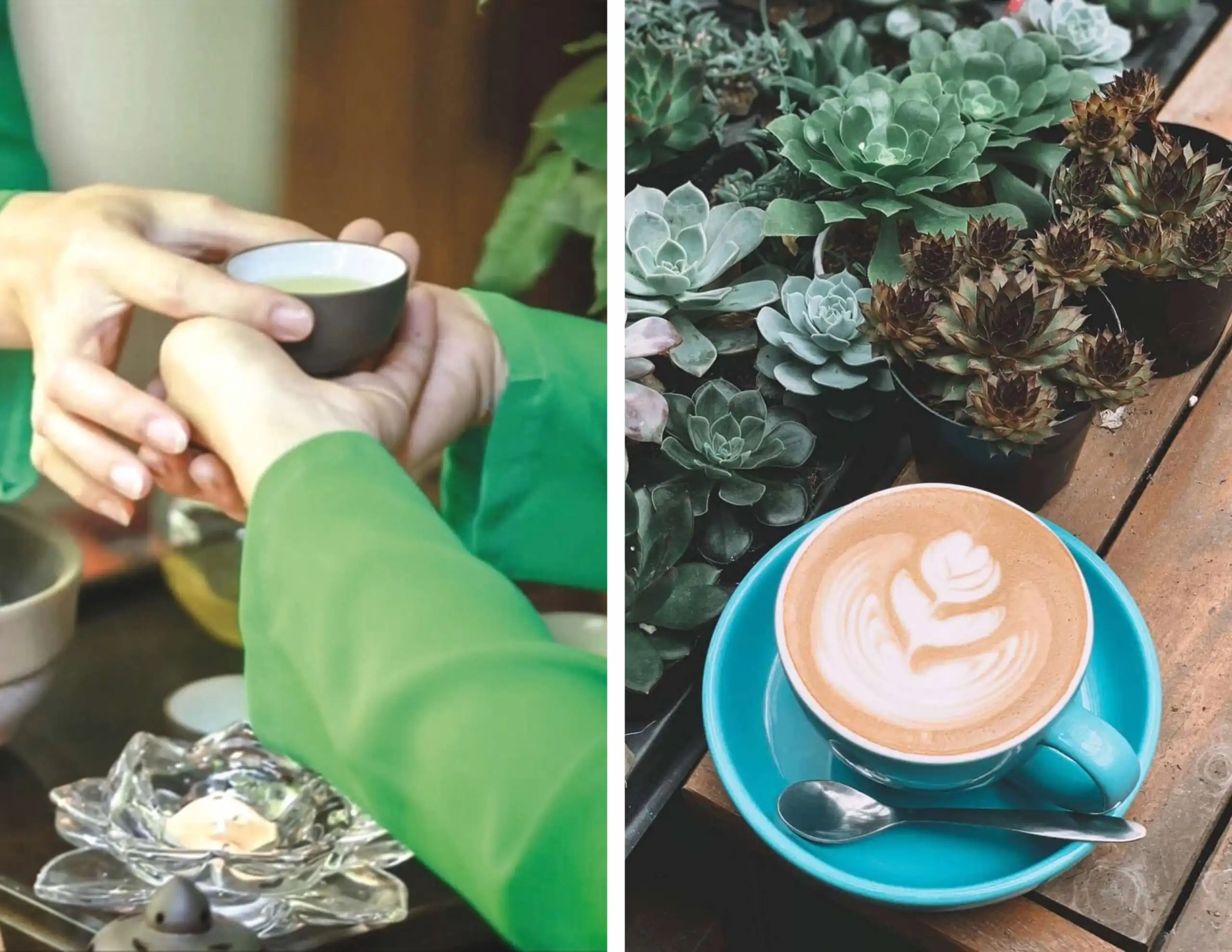 Handing over a cup of tea and a picture of latte